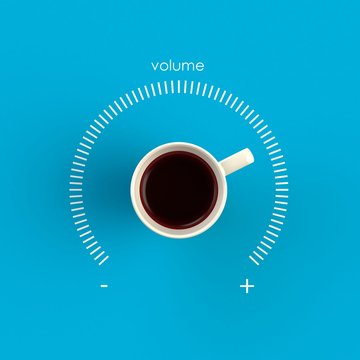 Top view of a cup of coffee in the form of volume control isolated on blue background, Coffee concept illustration, 3d rendering