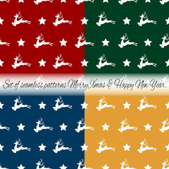  Christmas holiday season seamless pattern of set of reindeer and stars on four color background. Vector illustration.