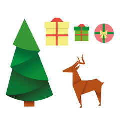 Christmas tree, deer, gift boxes cut from paper in origami style