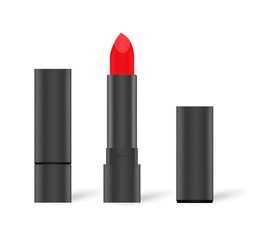 Obraz premium Classic red lipstick in black tube on white background, vector mockup
