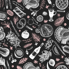 Christmas dinner seamless pattern. Vector hand drawn illustrations on chalk board. Happy Christmas dinner retro design. Background with harvest, vegetables, pastry, bakery, meat turkey.