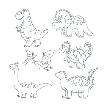 Dinosaurs. Set of vector illustration in doodle and cartoon style. Hand drawn. Linear. Black and white