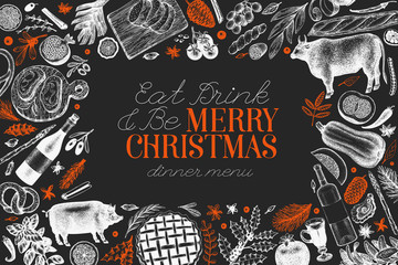 Happy Christmas Dinner design template. Vector hand drawn illustrations on chalk board. Greeting Christmas card in retro style. Frame with harvest, vegetables, pastry, bakery, meat