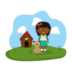 cute dog and girl with house wooden
