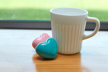 White coffee cup white Pink heart with blue