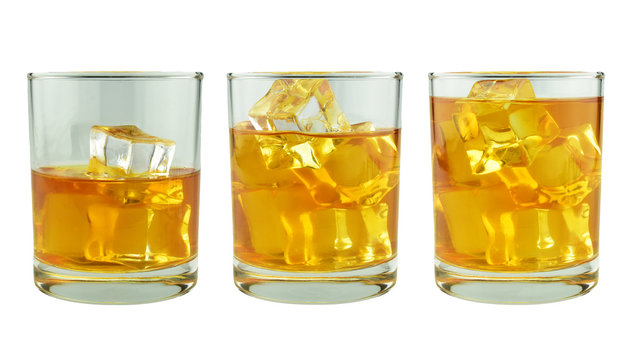 set of whisky in glass isolated on white background