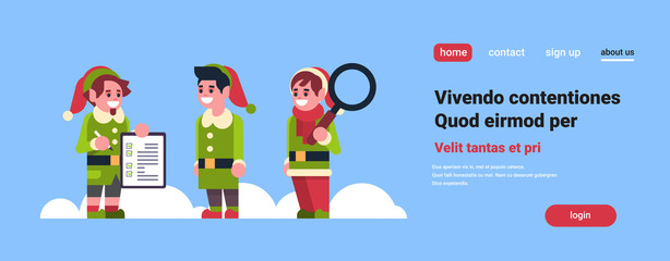 Fototapeta premium elves santa claus helper with magnifier glass and OK checklist successful searching happy new year merry christmas concept flat horizontal copy space vector illustration