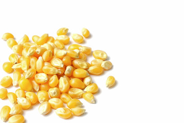 Close up of Dried Corn Kernels Isolated on White Background with Copy space.