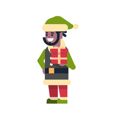 african american man elf santa claus helper hold gift box present merry christmas holiday happy new year concept male cartoon character full length flat vector illustration