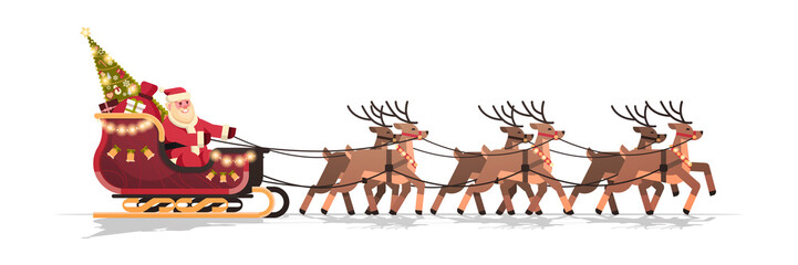 Santa in sleigh with reindeers merry christmas happy new year greeting card winter holidays concept isolated horizontal flat vector illustration