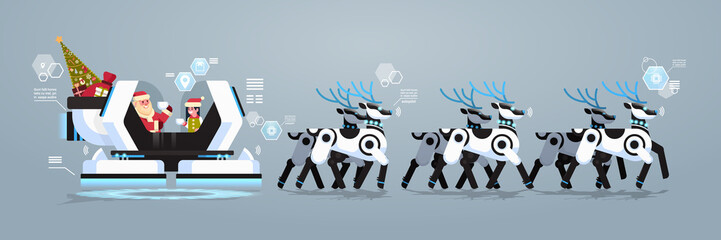 Santa with elf in robotic modern sleigh with robot reindeers artificial intelligence merry christmas happy new year greeting card winter holidays concept horizontal flat vector illustration