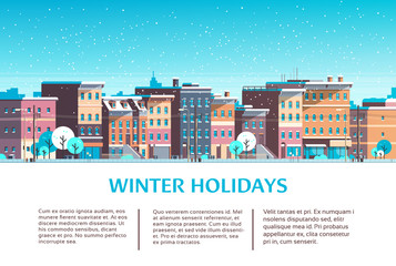 city building houses winter street cityscape merry christmas happy new year holiday greeting card copy space template flat horizontal flat vector illustration