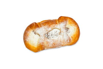 Photo from above of sweet sugar fresh pastry with cottage cheese and powder. Handmade bun isolated on white. Food with many calories. Bun roll, pastry in bakery isolated, top view.