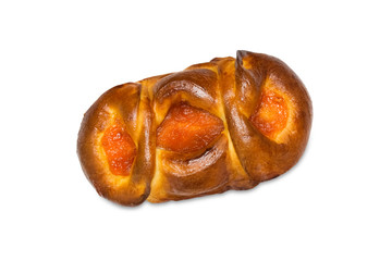 Photo from above of sweet sugar fresh pastry with apricot jam. Handmade bun isolated on white. Food with many calories. Bun roll, pastry in bakery isolated, top view.