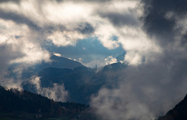 Misty sunset in the mountains