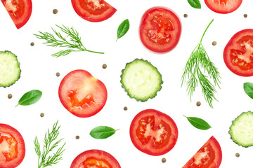 Photo collage for food leaflet template, vegetable vegans flyers. Fresh organic healthy layout, vegetables cover. Organic ads. Sliced tomatoes, cucumbers, dill and green basil leaves with peppercorn.
