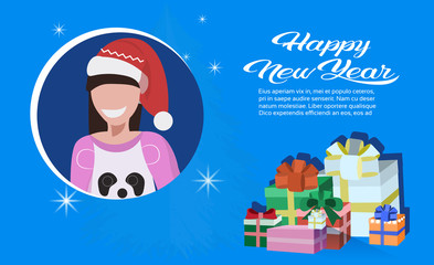 brunette woman face avatar red hat panda costume happy new year merry christmas concept present gift box decoration flat female portrait horizontal copy space vector illustration