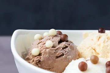 Vanilla and chocolate ice cream balls and chocolate crumbs with cranberry. Coffee creme brulee tasty ice cream with chocolate yogurt crumbs in the bowl on the dark background.