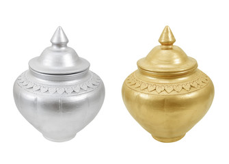 Pot of silver and gold clay pot for Fortune isolated