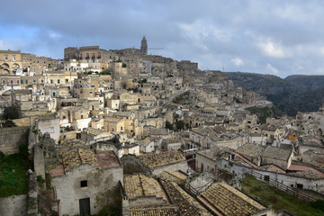 Fototapeta na wymiar View to the old town of Matera, Italy in a cloudy day