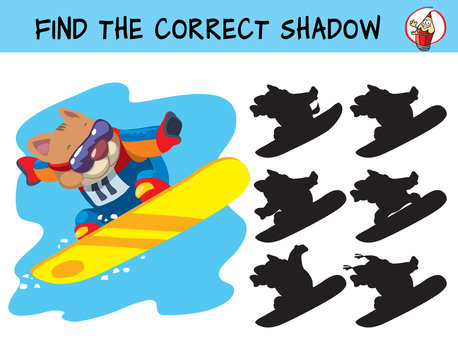 Winter sport. Snowboarder cat jumping. Find the correct shadow. Educational matching game for children. Cartoon vector illustration