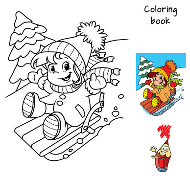 Little baby girl enjoying sleigh ride. Winter holiday. Coloring book. Cartoon vector illustration