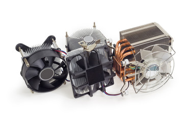 Various active CPU heatsinks with fans on a white background