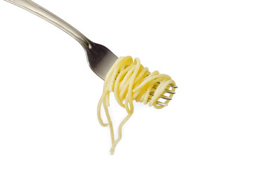 Cooked spaghetti wound around fork on a white background