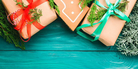 Christmas gift boxes on green background