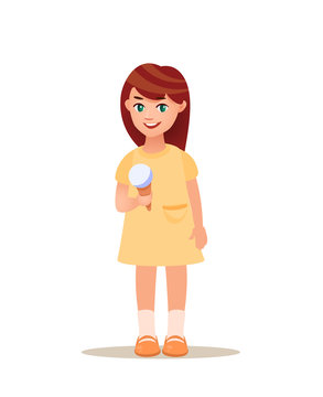 Little smiling girl in a dress with ice cream. Cartoon style