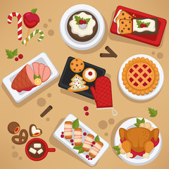 Christmas food on celebrating table feast on winter holiday