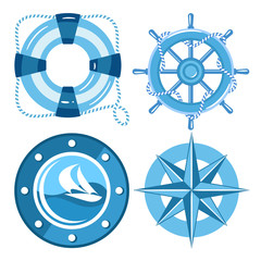 sea set of ship, sailboat, sea gear. flat style
