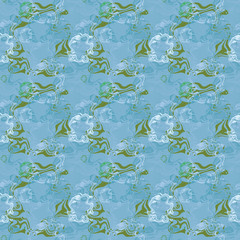 Seamless background pattern with colored diverse doodles.