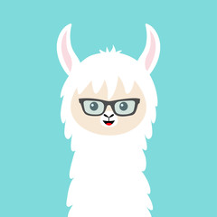 Alpaca llama animal face in sun glasses. Cute cartoon kawaii smiling funny character. T-shirt, greeting card, poster print. Childish baby collection. Flat design. Blue background.