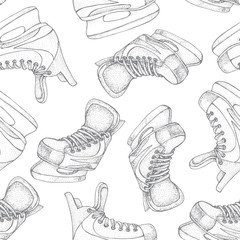 Winter holidays seamless pattern with ice skates cartoon sketch. Ice hockey skates. Hand drawn vector illustration isolated on white background...