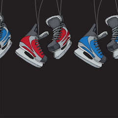 Naklejka premium Winter holidays seamless pattern with ice skates cartoon sketch. Ice hockey skates. Hand drawn vector illustration isolated on black background.