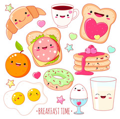 Set of cute breakfast food  icons in kawaii style