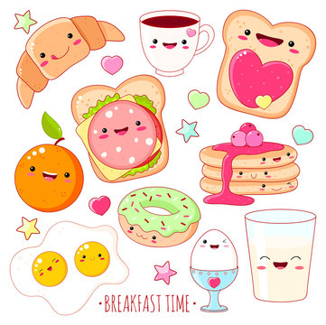 Set of cute breakfast food  icons in kawaii style