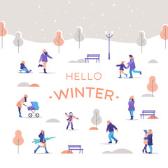 Fototapeta premium Winter time. People a strolling in the city park. Outdoor activities. Vector illustration.