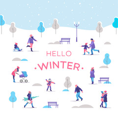 Winter time. People a strolling in the city park. Outdoor activities. Vector illustration.