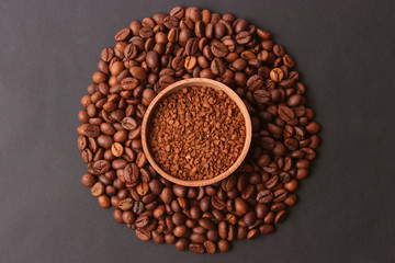  instant coffee and coffee beans top view.