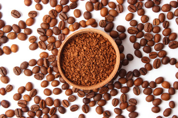  instant coffee and coffee beans top view.