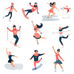 Big set of young people doing winter sports