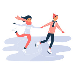 Young boy and girl skating on ring, holding hands