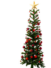 Big Christmas tree decorated with stars and beautiful red balls celebrate the festival.