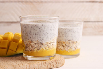 chia pudding with mango, granola and honey. Healthy dessert, proper nutrition, super food.
