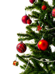 Big Christmas tree decorated with stars and beautiful red balls celebrate the festival.