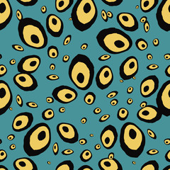 Dark vector seamless backdrop with dots, spots. Abstract illustration with yellow and black on blue colored bubbles in nature style. Trendy design for wallpaper, fabric makers. eps10