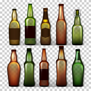 Transparent Beer Bottles Set Vector. Different Empty Glass For Craft Beer Green, Yellow, Brown. Mockup Blank Template For Product Packing Design Advertisement. Isolated Realistic Illustration