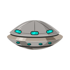 Ufo flying spaceship isolated on white cartoon style. Alien transport futuristic. Vector illustration, baner, poster